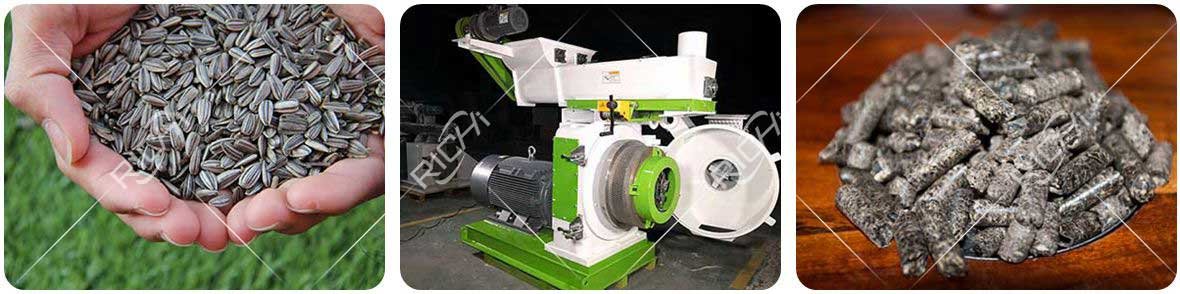 Sunflower seed shell is pressed into pellets by a pellet machine