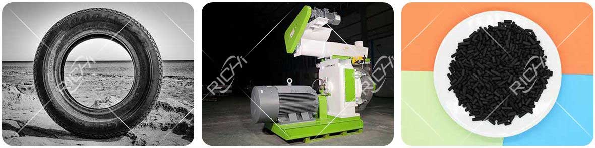 Waste tire is pressed into pellets by a pellet machine