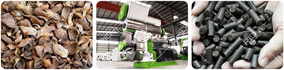 EFB(Empty Fruit Bunches) is pressed into pellets by a pellet machine