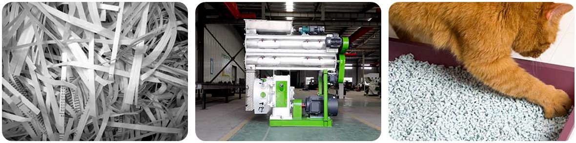 Paper is pressed into cat litter pellets by a pellet machine
